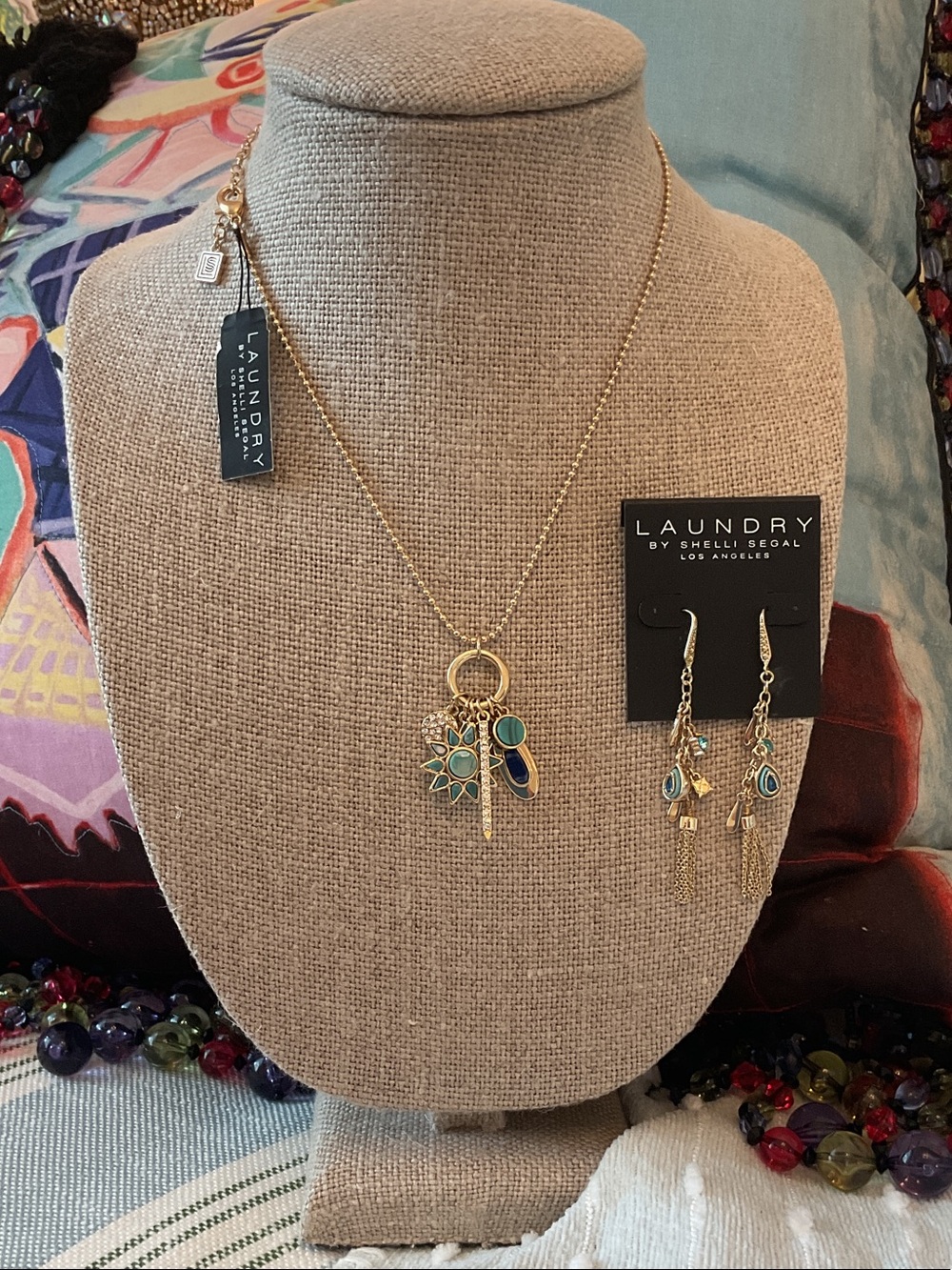 Laundry By Shelli Segal Gold Necklace & Drop Earrings Set with Turquoise Accents